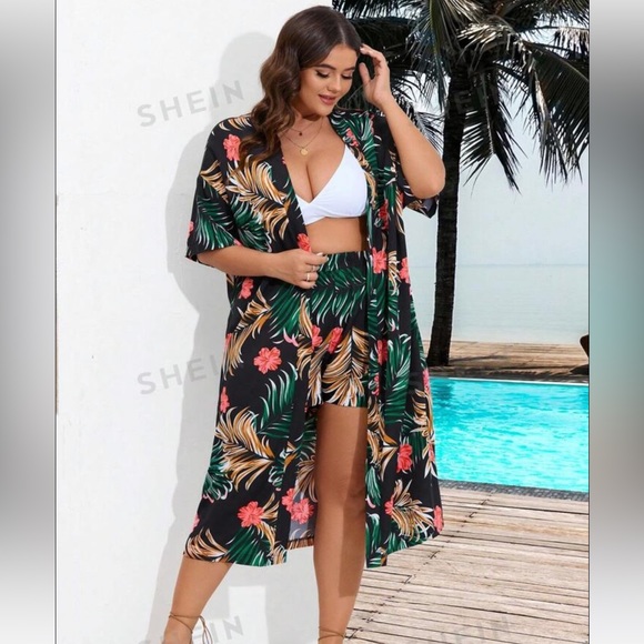 NEW SHEIN VCAY Plus Size Women's Tropical Plant Printed Kimono And Shorts Set - Picture 4 of 5